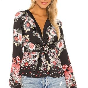Free People Run Free Tie Blouse Black Floral SZ XL